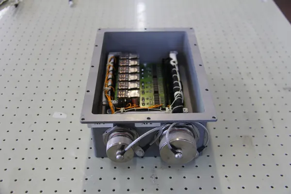 Junction box with relays on a laboratory table
